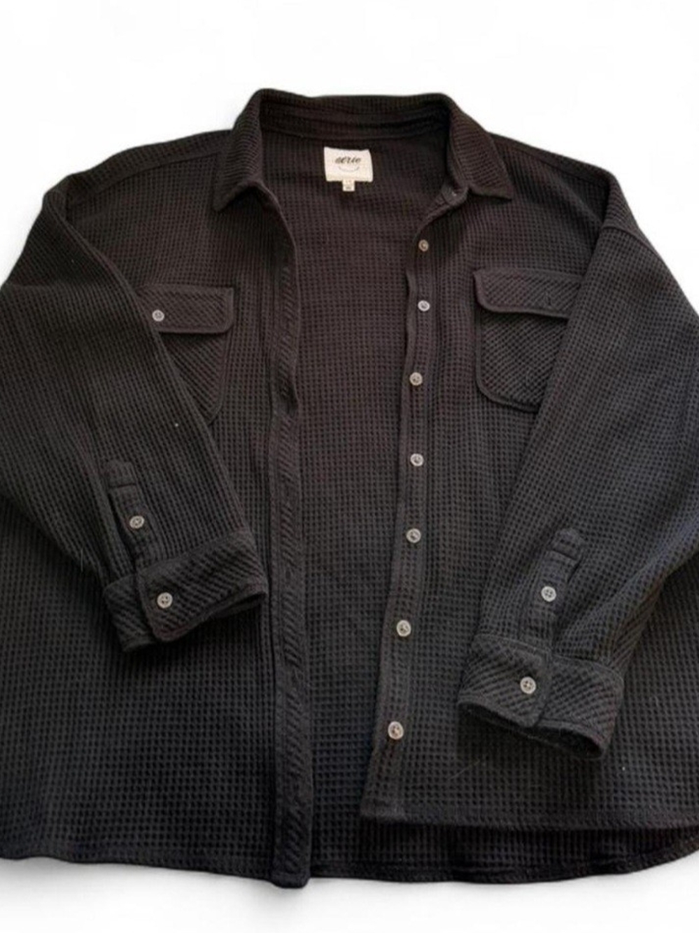 aerie Black Waffle Knit Lumberjack Button-Down Shirt